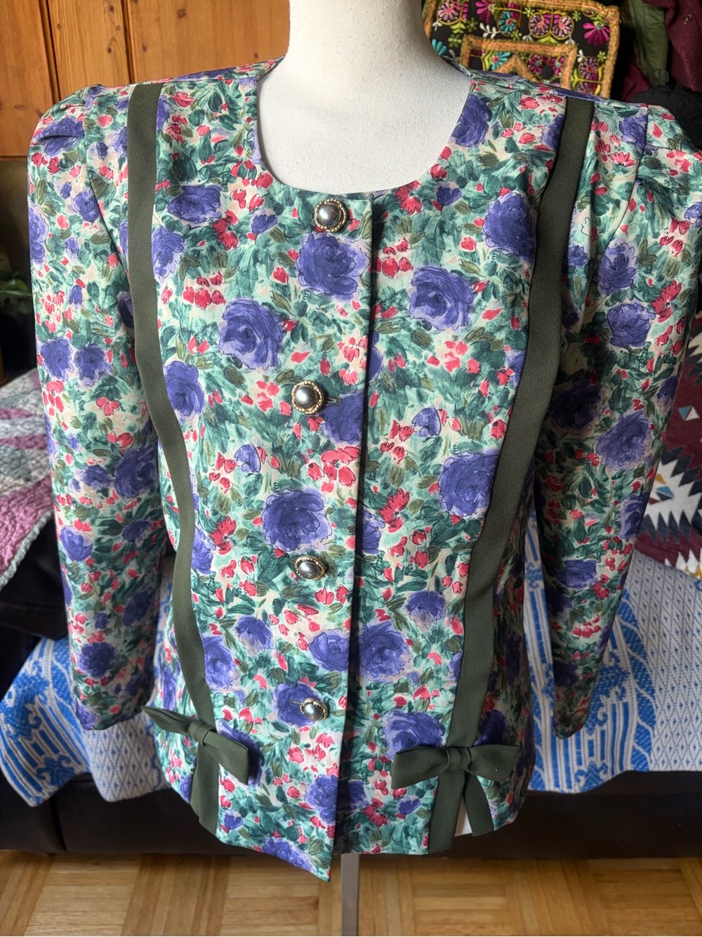 Vintage 70's/80's Honey Fashions Floral Green Print Button-up Dress Jacket